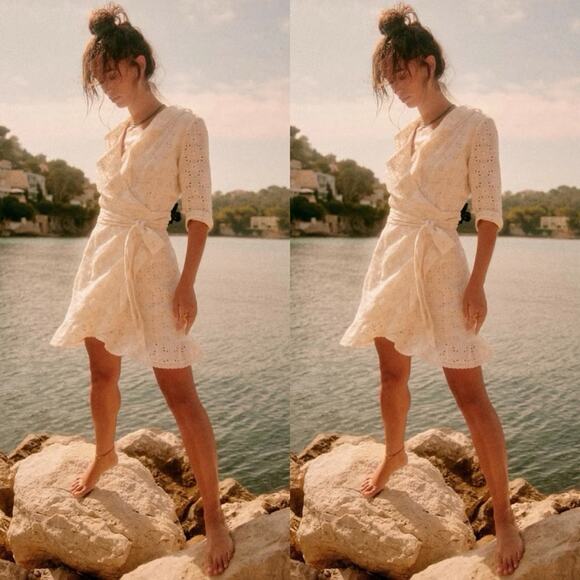 Sézane Asianne Ecru Eyelet Wrap Mini Dress - Picture 1 of 15